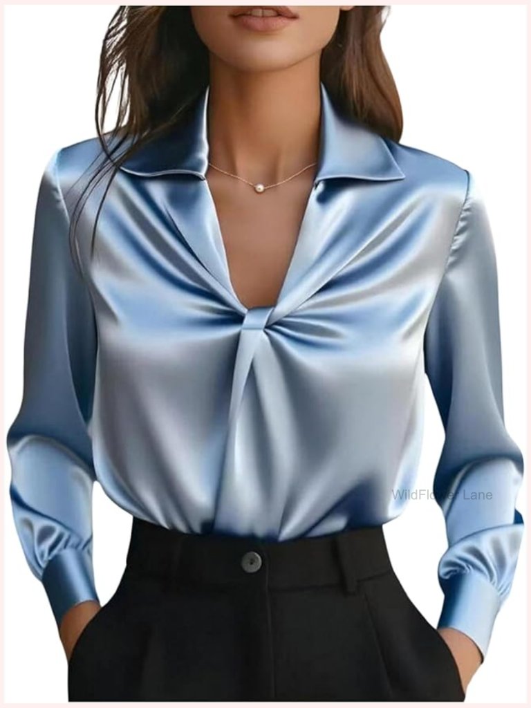 Twist Knot Satin Dressy Blouse Elegant Collared Shirt Long Sleeve Tops